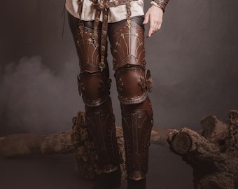 Armadura de pierna completa de cuero gótico, grebas renacentistas articuladas, protección de pierna de caballero para LARP
