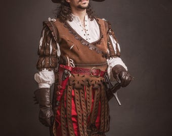Traje completo de lansquenetes. Chaleco de cuero de lansquenetes. Chaleco jubón renacentista con mangas y pantalones rasgados. Disfraz para LARP, cosplay histórico.