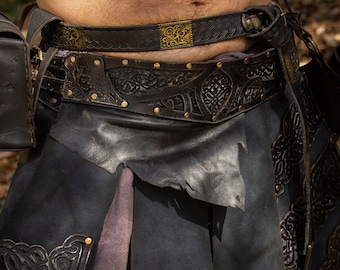 Leather Black viking belt with leather skirt style viking - barbarian