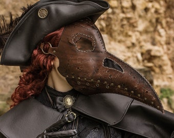 Leather plague doctor mask. Steampunk bird mask for plague doctor in brown color.