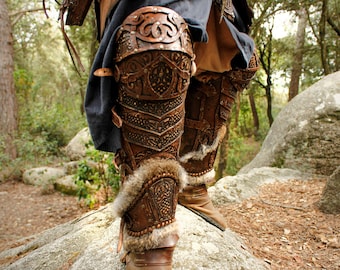 Brown leather greaves, viking armor, fantasy armor for nordic