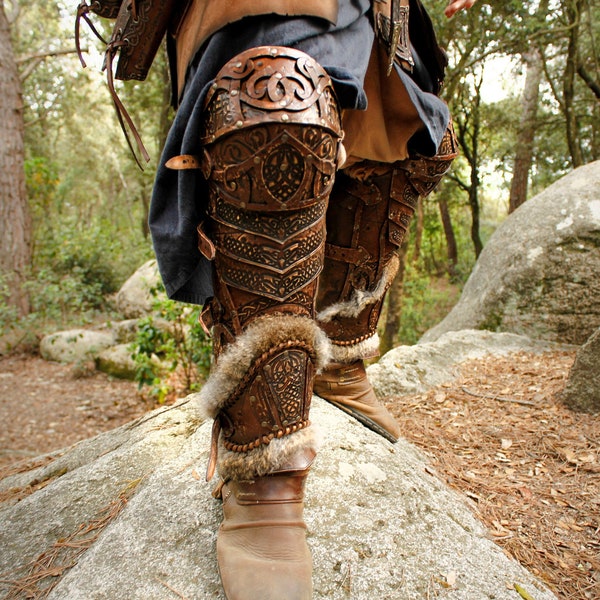 Brown leather greaves, viking armor, fantasy armor for nordic