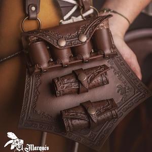 Leren alchemist-set: houder voor toverdrank en boekrol, LARP-cosplay