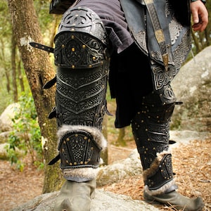 Black leather greaves, viking armor, fantasy armor for nordic