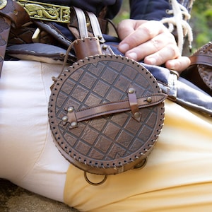 Medieval brown leather canteen. Medieval reenactment leather water bottle for larp or festival