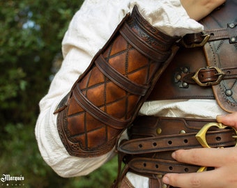 Leather medieval brown bracers for larp or cosplay. Handmade fantasy bracer