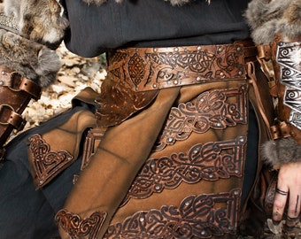 Leather Brown viking belt with leather skirt style viking - barbarian