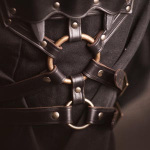 May include: A black leather harness with a circular metal ring and multiple straps. The harness has a decorative design with metal studs and rivets.