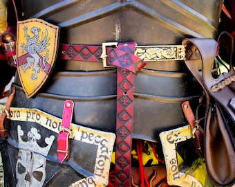 Red medieval leather belt. Renaissance belt for larp