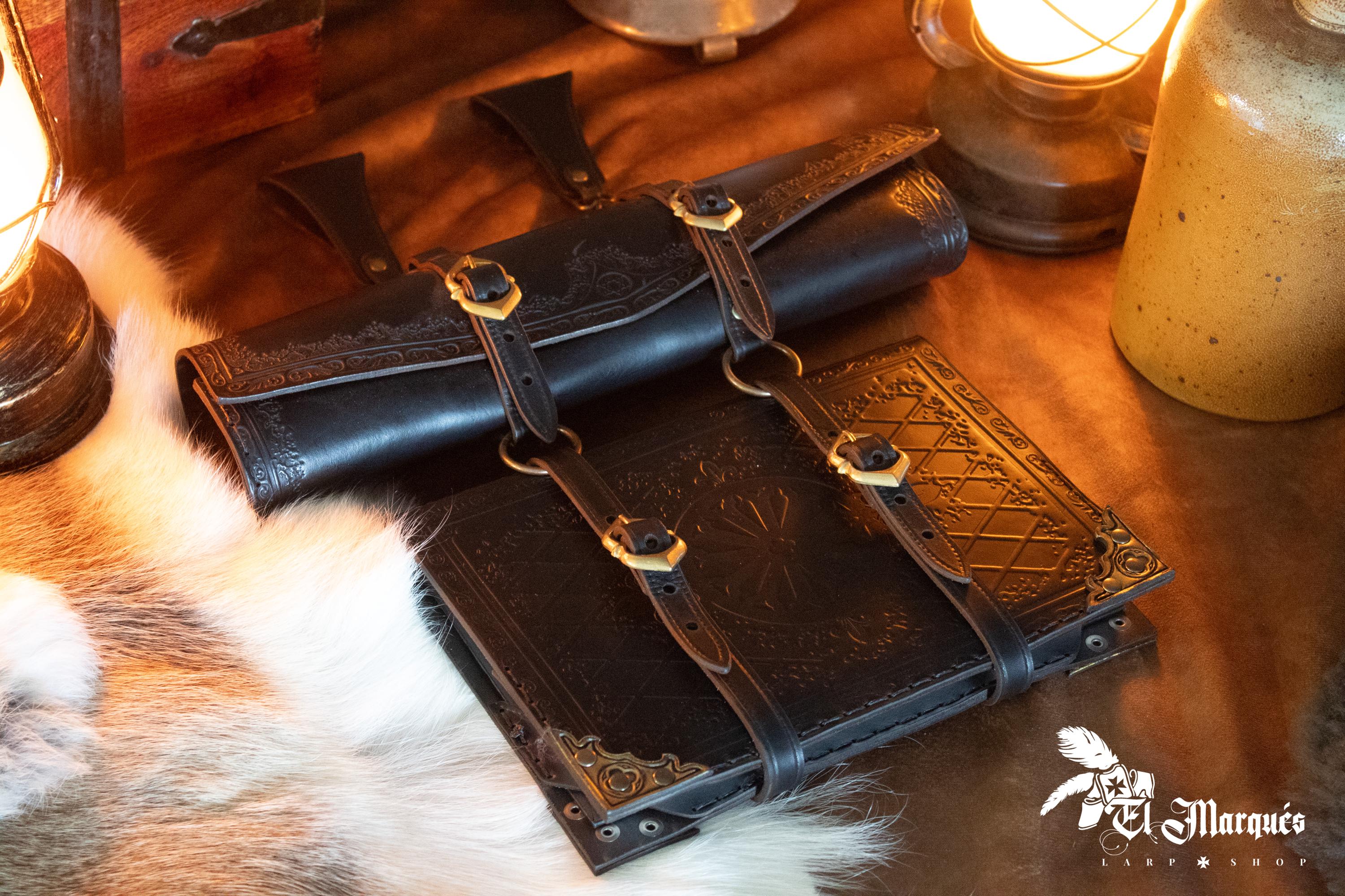 Black leather scroll holder with potion holder or book. Medieval belt pouch