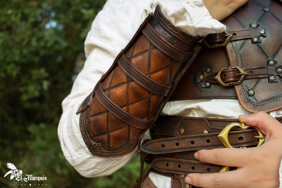 Leather Medieval Brown Bracers for Larp or Cosplay. Handmade Fantasy Bracer  -  Singapore