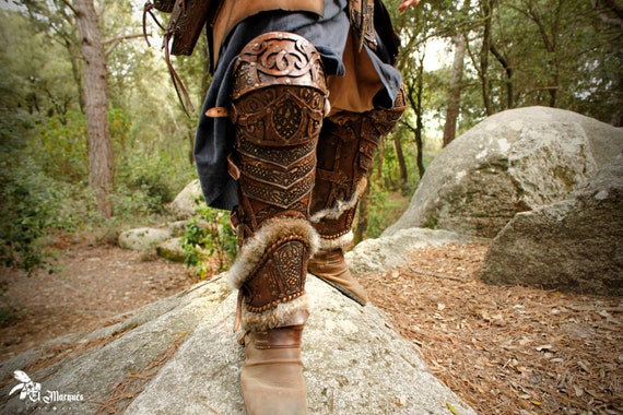 Brown leather greaves, viking armor, fantasy armor for nordic