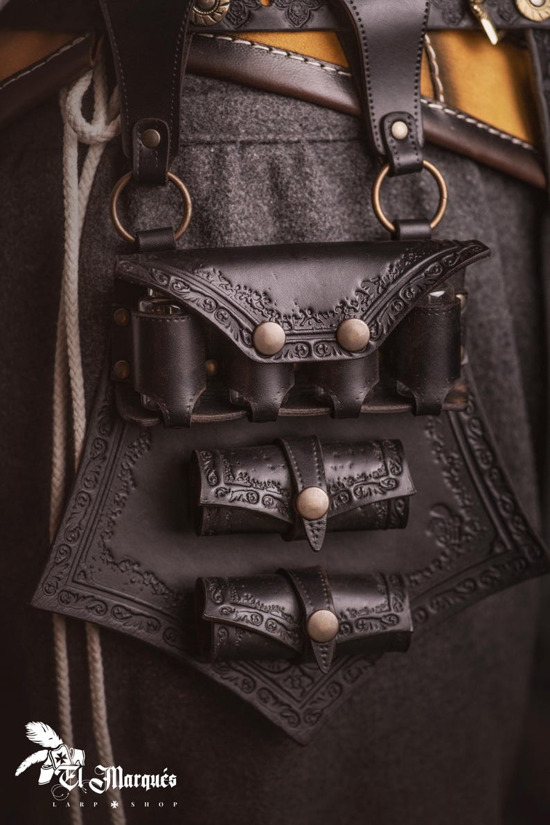 Pocimero de cuero marrón con portapergaminos para larp alquimista, kit de bruja o cosplay mágico Negro