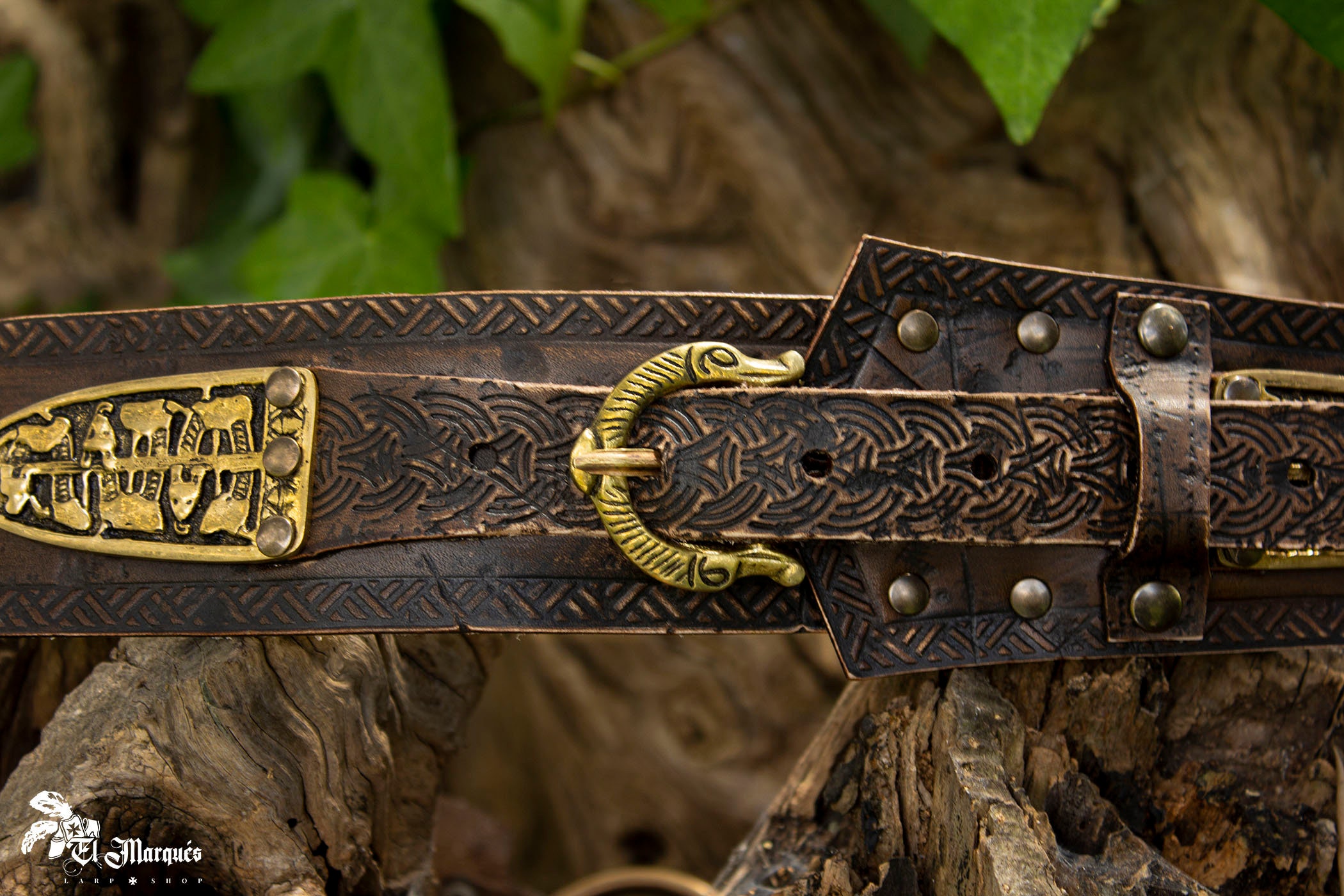 Handcrafted Leather Metal Costume Belt Hammered Gold-Finish Plate Retro Cosplay Éomer belt and scabbard sling completed today using veg  main image 4
