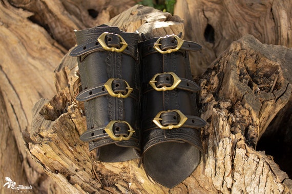 Leather Medieval Black Fantasy Bracers. Handmade Fantasy Bracer