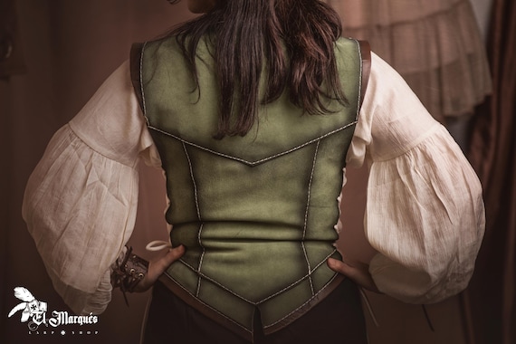 Gilet Corset Femme Taille 46 En Cuir Et Lin - Style Tyrolien/bavarois - Occasion Très Bon état