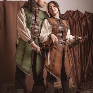 Brown Fantasy Leather vest. Medieval Costume for LARP, Renaissance Fair, and Fantasy Cosplay. Long or Short Leather doublet.
