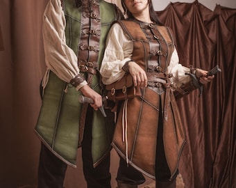 Brown Fantasy Leather vest. Medieval Costume for LARP, Renaissance Fair, and Fantasy Cosplay. Long or Short Leather doublet.