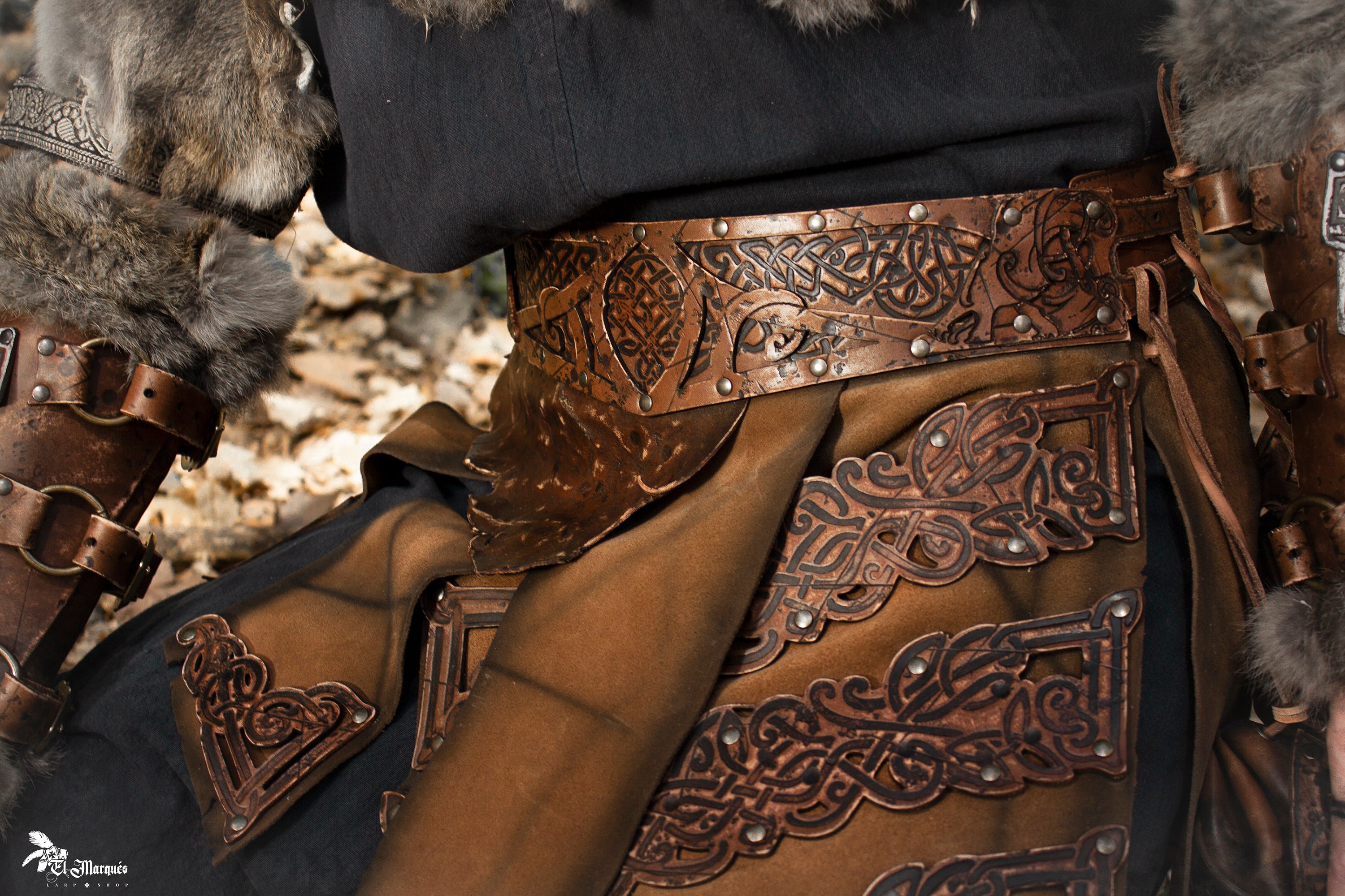 Men Viking Belt Nordic Wide Leather Belt Waist Armor Medieval LRP Warrior Brown Nordic Viking Style Embossed Wide Belt – Historical Recreation main image 4