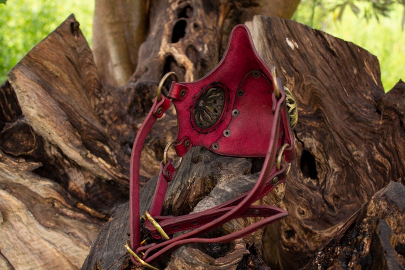 May include: A red leather steampunk mask with brass accents and straps. The mask has a decorative design on the front and is worn over the face.