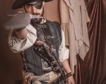 海賊レザーホルスター付きブラックファンタジーLARPベルト - 中世