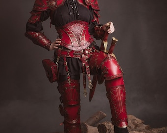 Conjunto completo de armadura renacentista de cuero rojo. Armadura completa de caballero para LARP. Disfraz de fantasía medieval.
