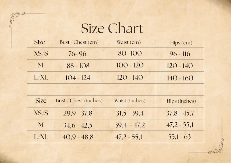 Peut inclure: Tableau des tailles avec mesures en centim&egrave;tres et en pouces. Les tailles XS/S, M et L/XL sont indiqu&eacute;es, avec les mesures correspondantes de poitrine, de taille et de hanches. Fond beige.