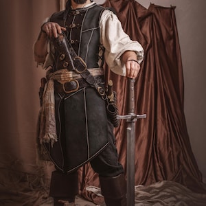 Black Leather LARP Vest: Renaissance Medieval Costume