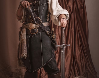 Black Fantasy Leather vest. Medieval Costume for LARP, Renaissance Fair, and Fantasy Cosplay. Long or Short Leather doublet.