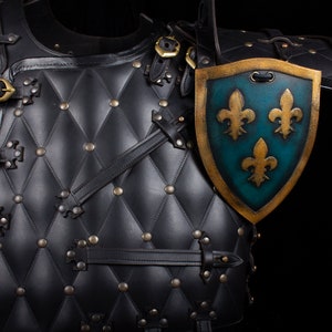 K&ouml;nnte beinhalten: Schwarze Leder-R&uuml;stung mit gestepptem Design und goldenen Schnallen. Ein gold-blauer Schild mit drei goldenen Lilien ist an der R&uuml;stung befestigt.