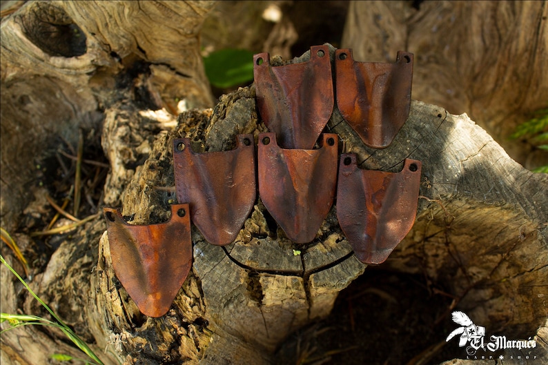 May include: Seven rusty metal pieces shaped like a spade, with two holes at the top of each piece, arranged in a semi-circle on a tree stump.