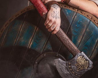 Hacha vikinga de espuma: runas nórdicas, accesorio de cosplay LARP