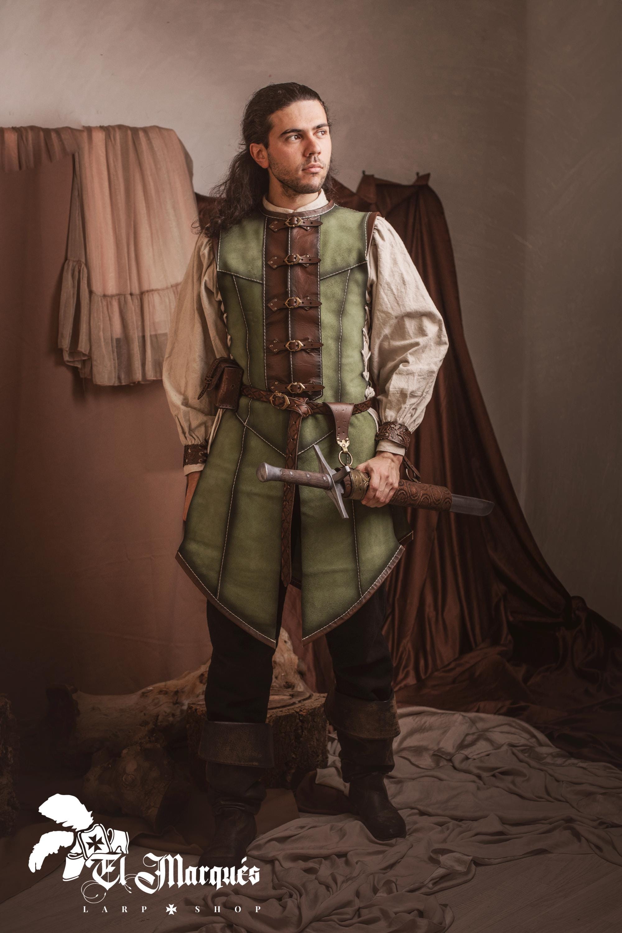 Green Fantasy Leather vest. Medieval Costume for LARP, Renaissance Fair, and Fantasy Cosplay. Long or Short Leather doublet.