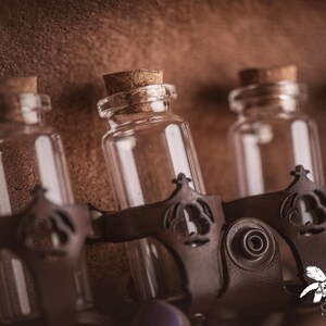Peut inclure: Gros plan sur plusieurs petites bouteilles en verre transparent avec des bouchons en li&egrave;ge. Les bouteilles sont maintenues par des lani&egrave;res en cuir marron fonc&eacute; avec des ornements m&eacute;talliques d&eacute;coratifs. Fond textur&eacute; marron.