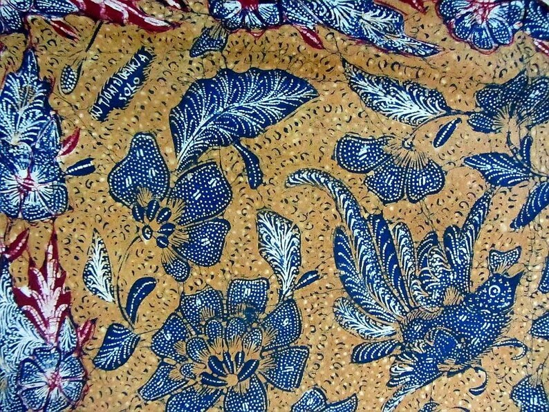 1930s INDONESIAN ANTIQUE BATIK Tjoa Tjoen Kiat Signature Vintage Fabric Hand Drawn Three Kingdom Batik Tulis Peranakan Tiga Negeri Peony