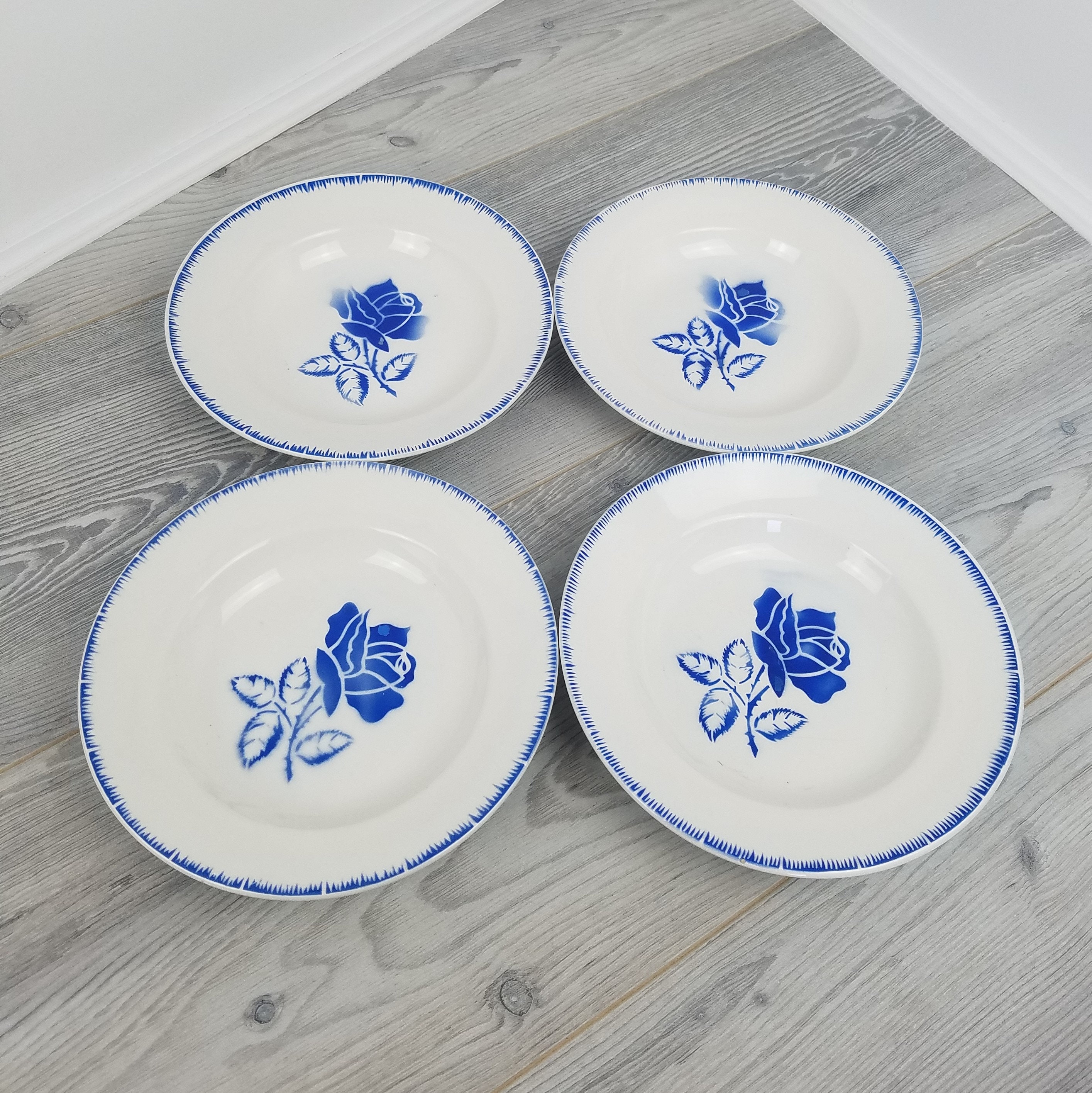 4 X Vintage Digoin Rolande Blue Rose Design Soupe/Assiettes à Dessert Bols