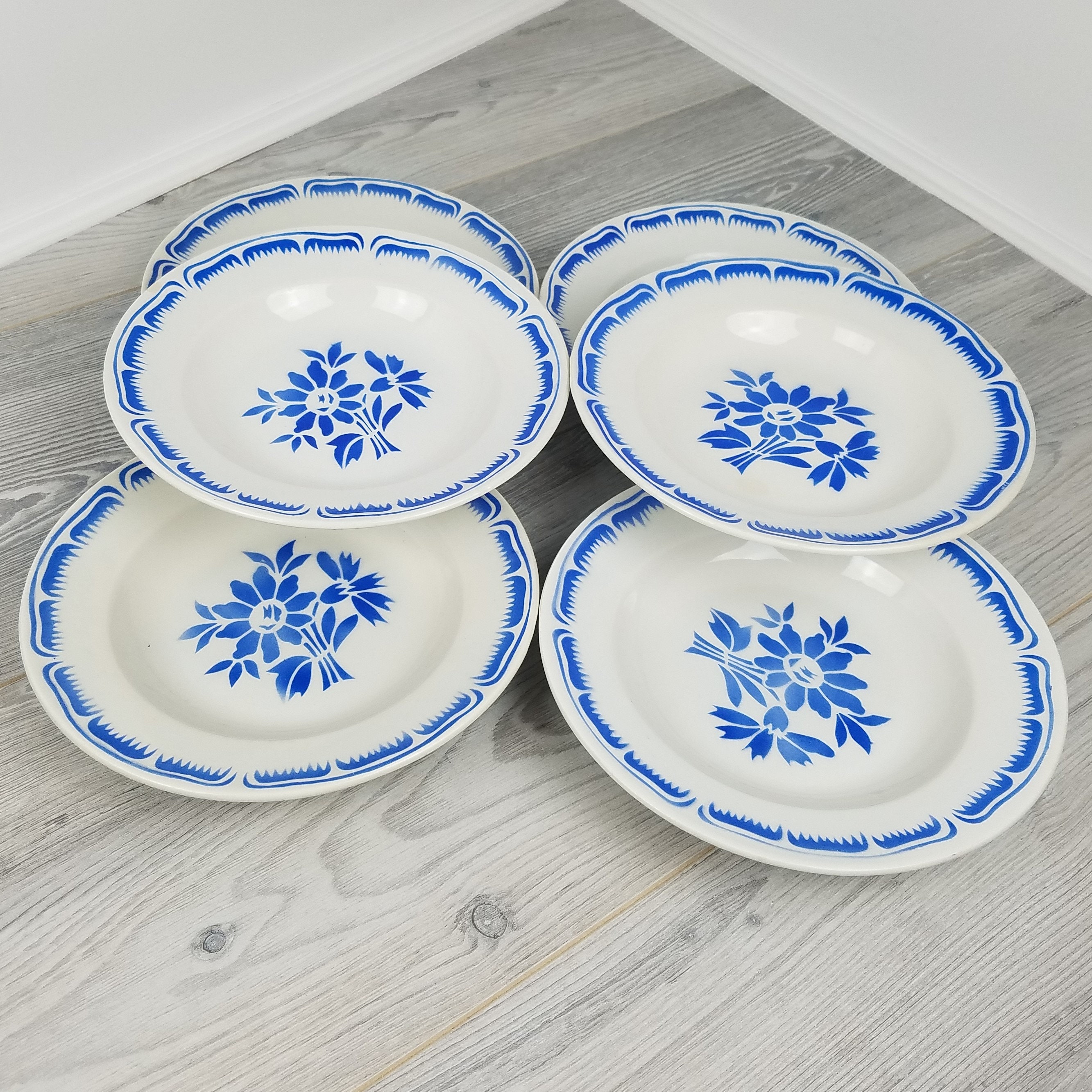 6 X Moulin Des Loups Blue Corn Flower Design Assiette/Bol de Soupe