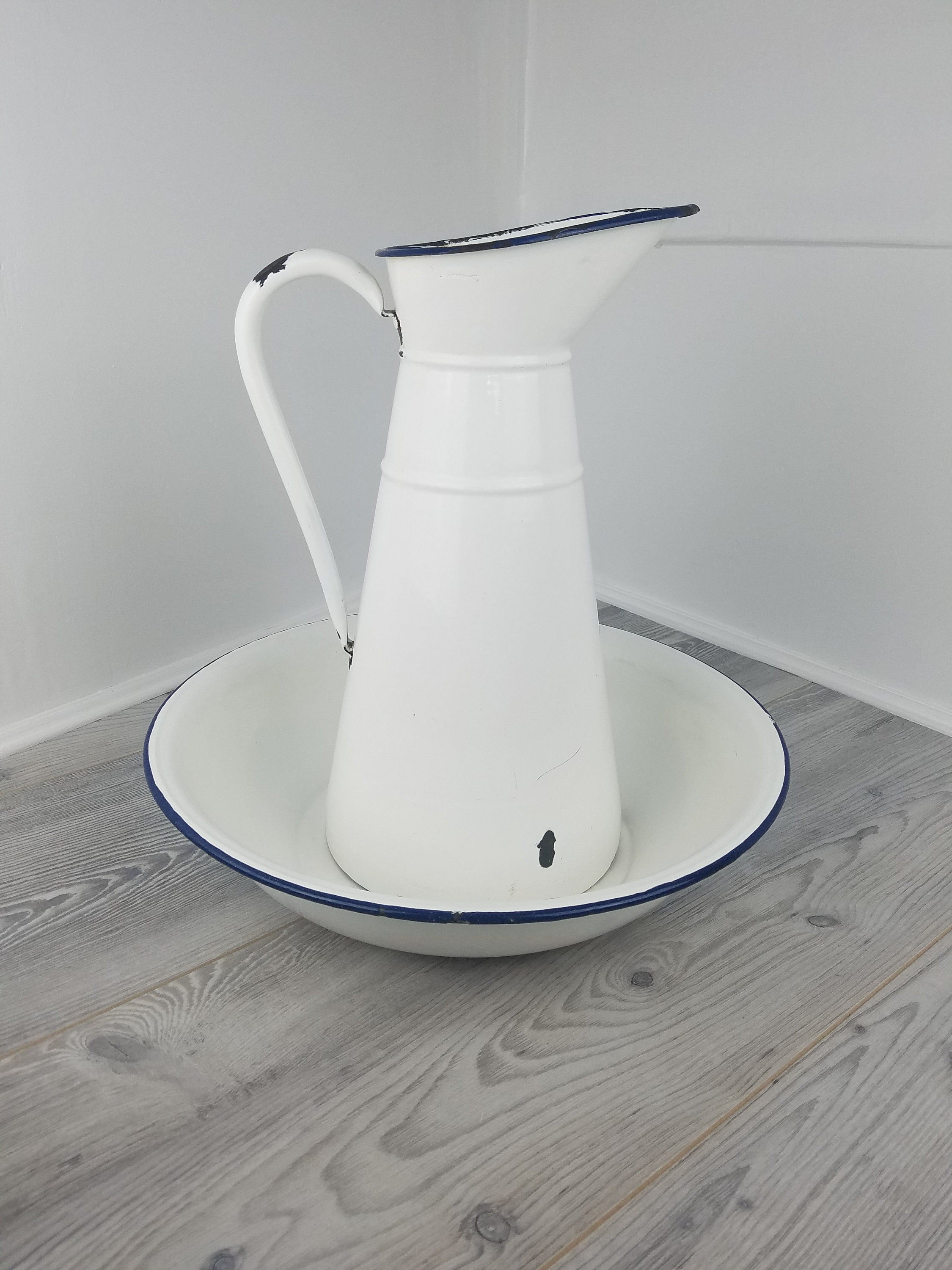 Grand Bleu et Blanc Français Émail Pichet Bol
