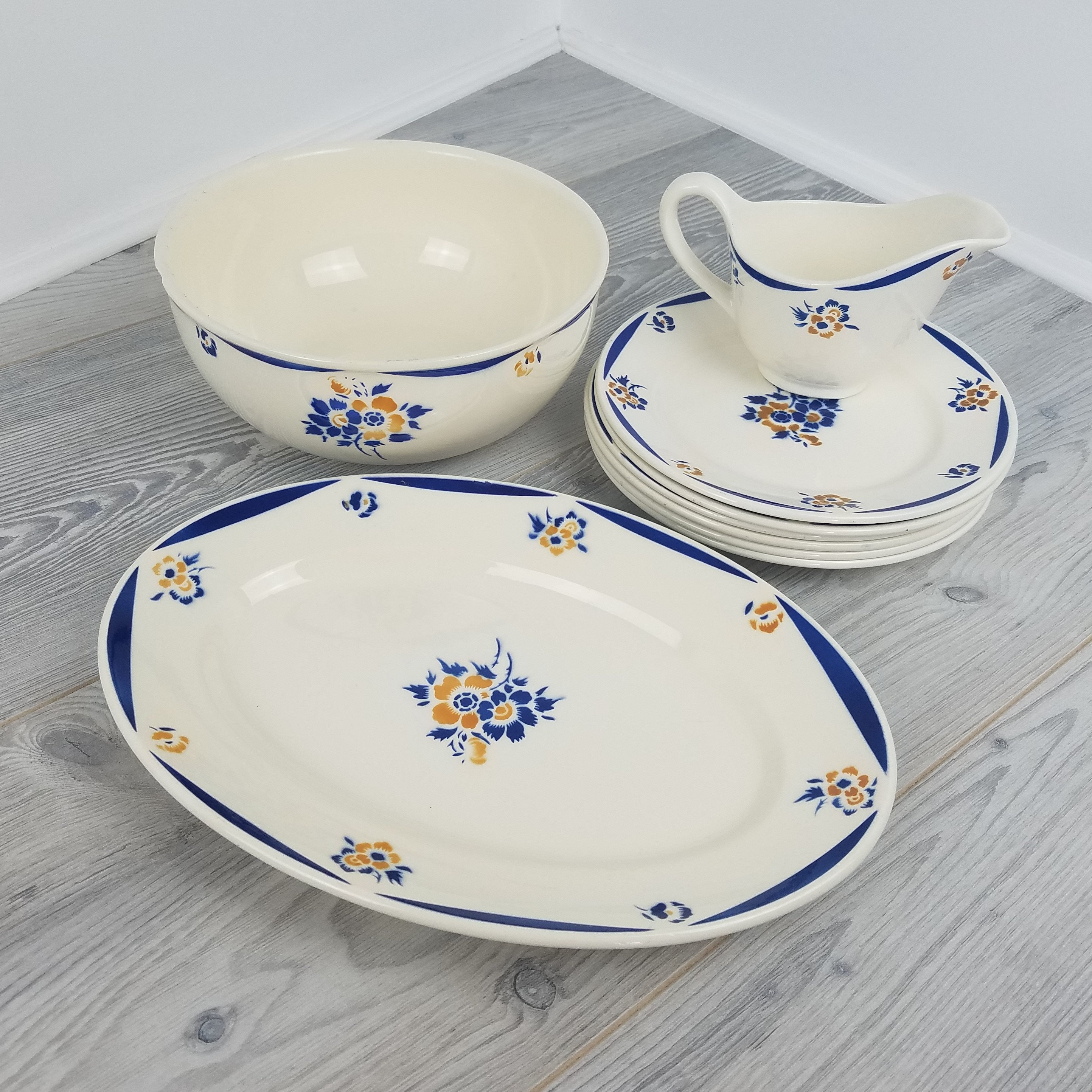 Joli 1900-1906 6 Personnes Bleu et Jaune Floral Badonviller Dessert Service 1x Bol de Fruits Servant