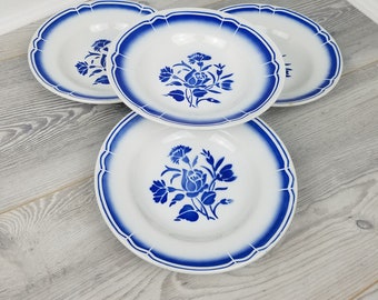 4x Good Vintage Condition Pretty Badonviller Deep Blue Floral Design Soup/Dessert Plates
