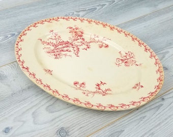 Antique French Late 1800s Early 1900s Gien Porcelain Red Chardon Transferware Oval Serving Plate.