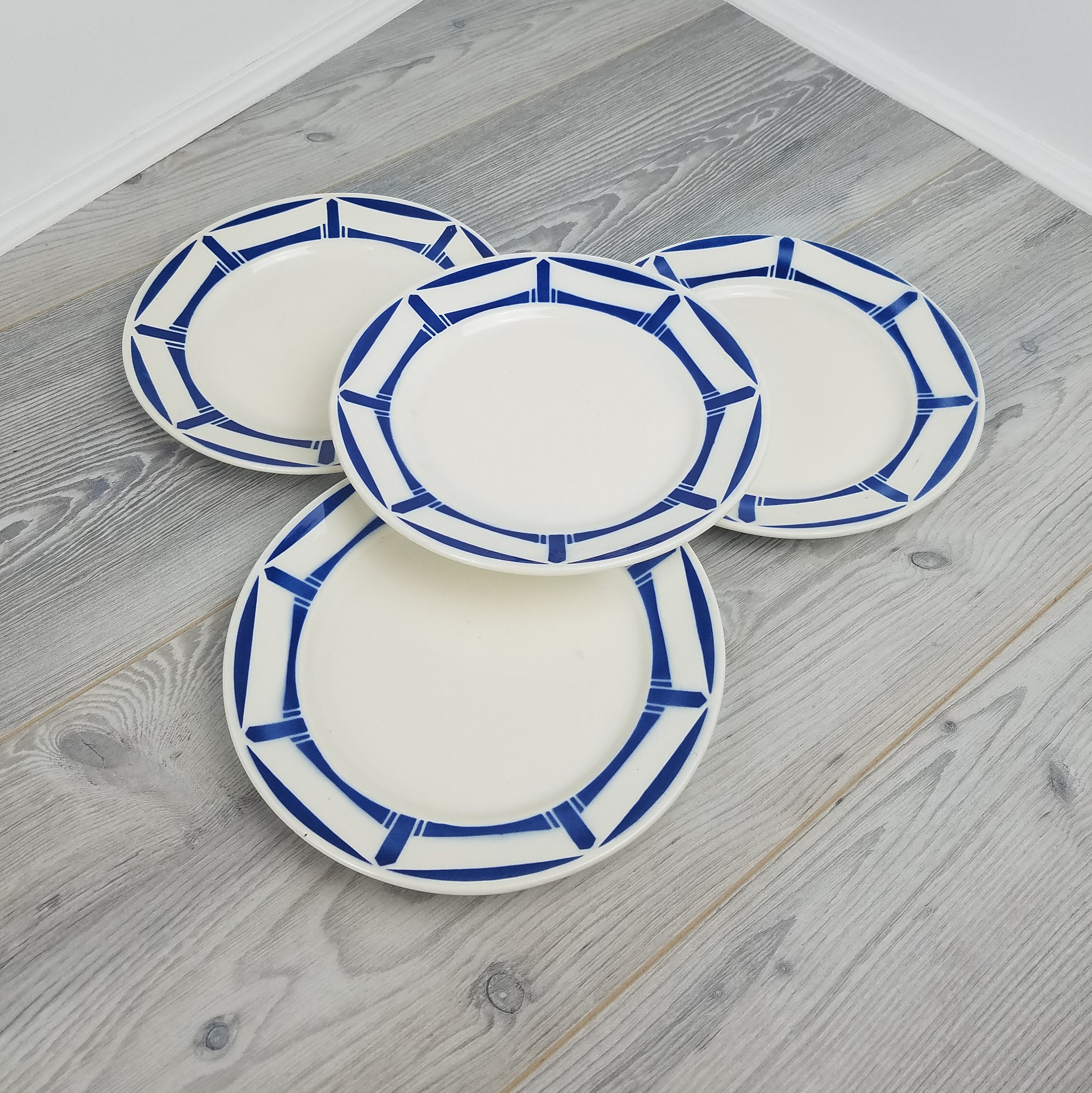 4x 1900-1905 Antique Badonviller Bleu Lucie Geometric Design Dinner Plates