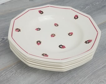 6 x Pretty Vintage St Amand Pink and Brown Decagon Shaped Soup Plates