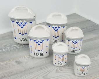 Botes de cerámica francesa Art Déco para cocina: diseño geométrico azul, juego de 6