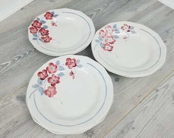6x Vintage French St Amand Hand Decorated Red And Grey Flower Design Soup/Dessert Bowls