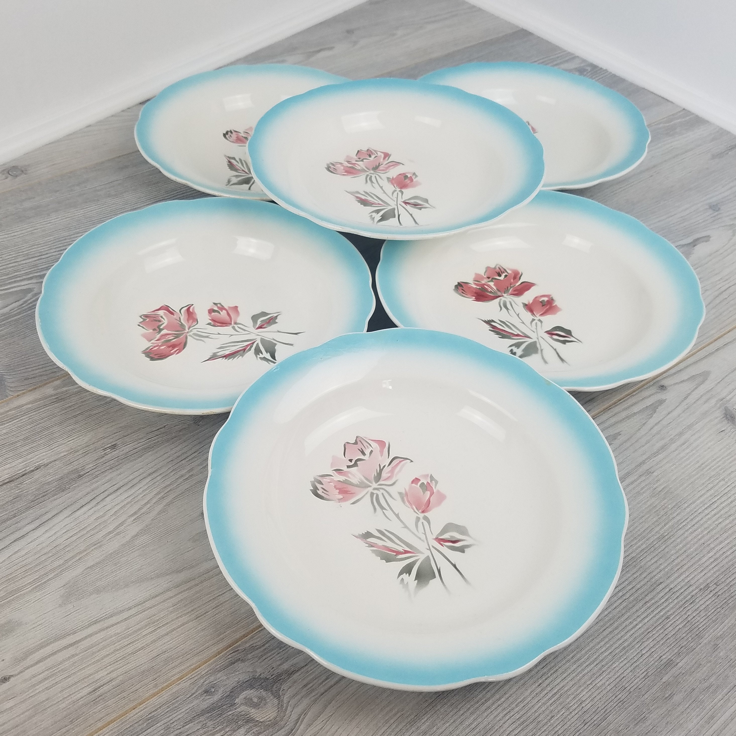 6 X Sarreguemines Digoin Richelieu Blue Rimmed Rose Design Assiettes/Bols de Soupe