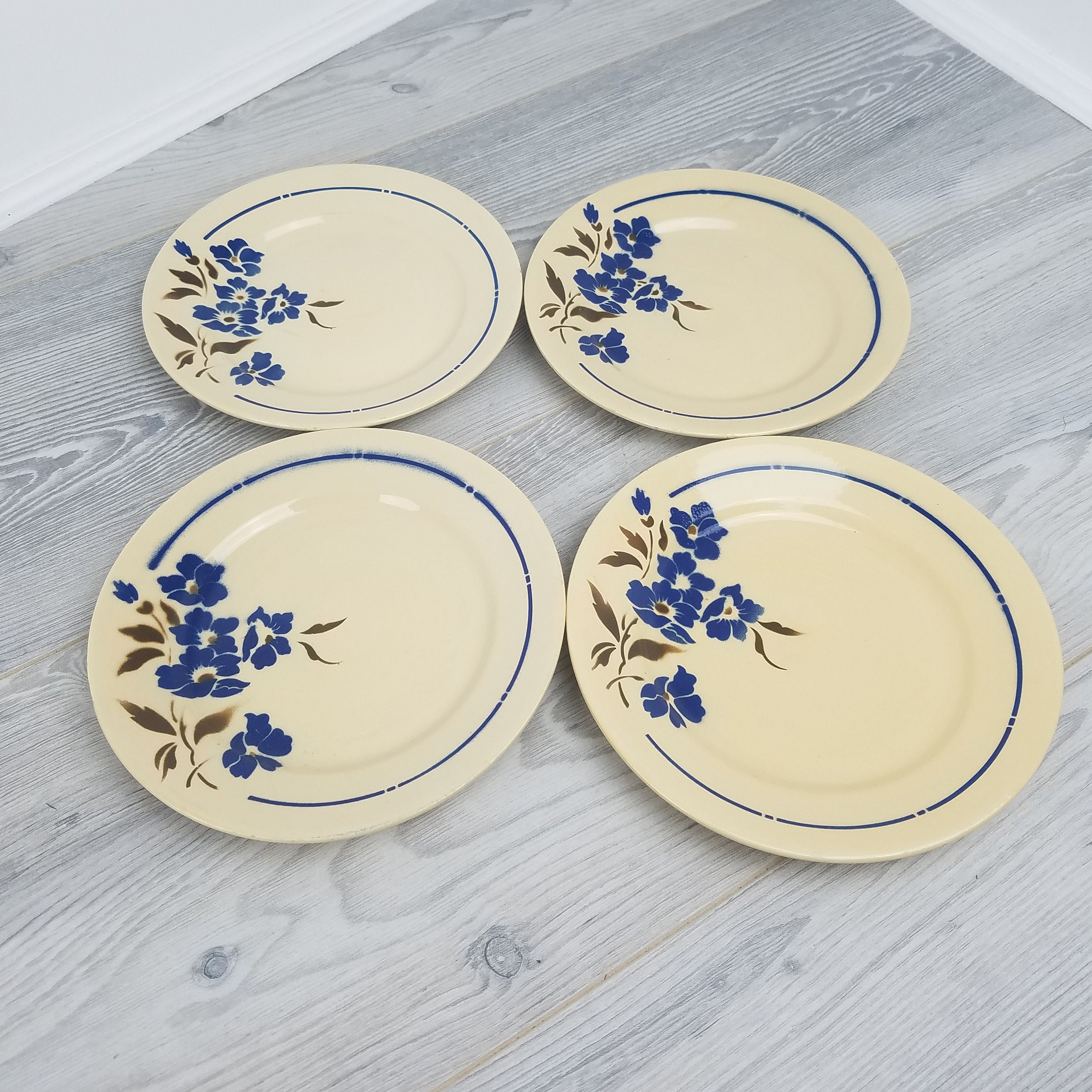 4 X Antique Badonviller Tunis Blue Flowerdesign Salade/Assiettes à Dessert