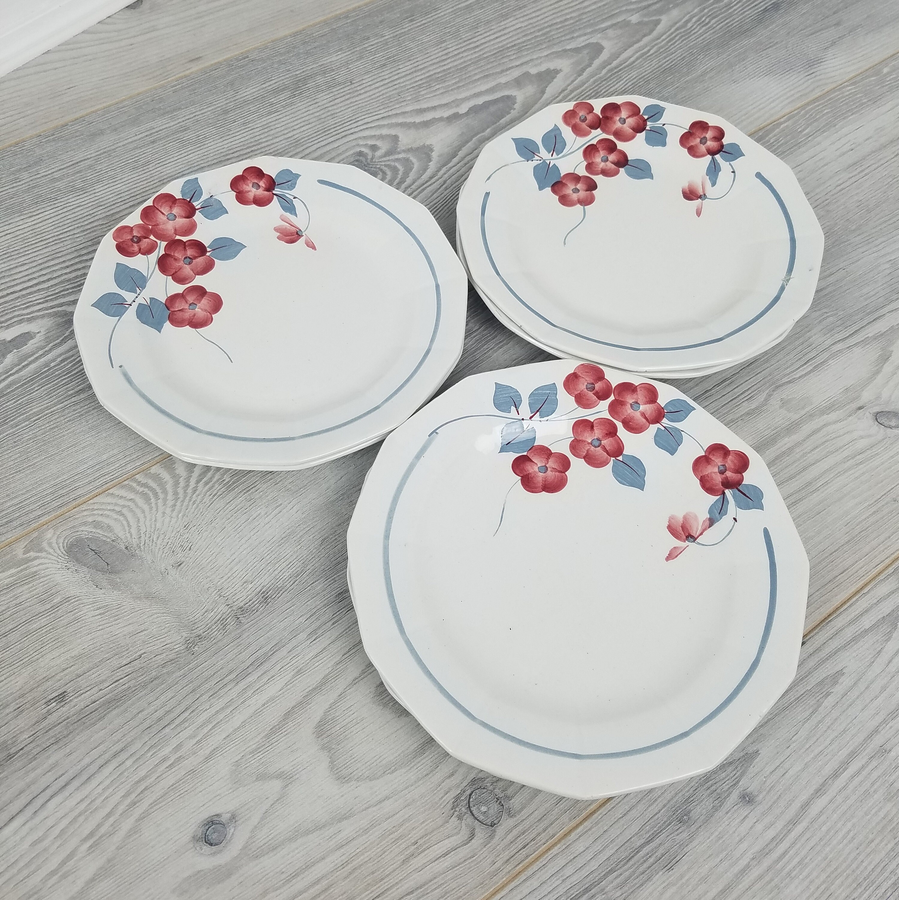 6x Vintage Français St Amand Décoré à La Main Rouge et Gris Fleur Design Salade/Assiettes Gâteaux