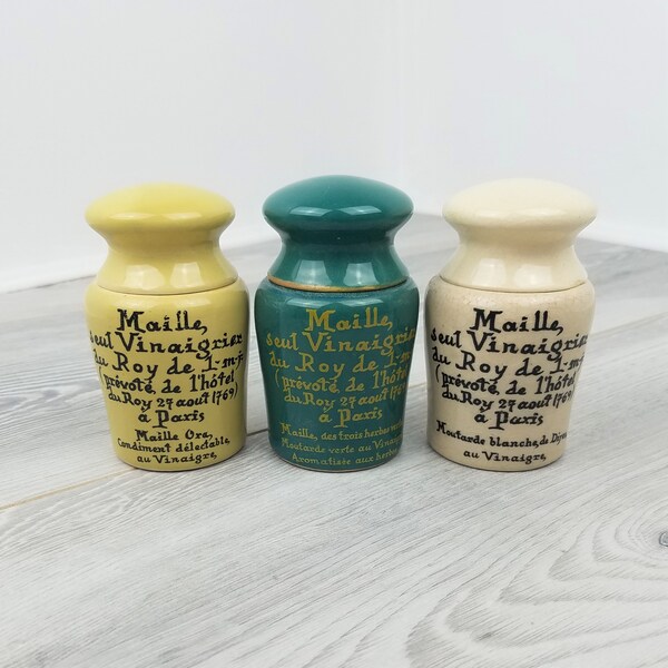 Famous Maille Dijon Mustard Pots. Vintage Pots in Green Yellow and Green.