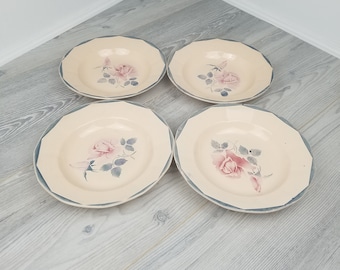 4x Buen Estado Sarreguemines Digoin Salmón Rosa con Patrón de RosaPlatos/Tazones de Sopa